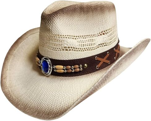 Western Straw Cowboy Hat with Beaded Band, Blue Stone Accent, Vented Crown, Natural in Saudi Arabia