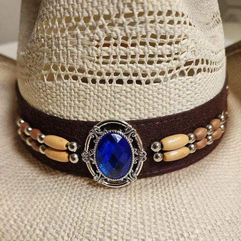 Western Straw Cowboy Hat with Beaded Band, Blue Stone Accent, Vented Crown, Natural in Saudi Arabia