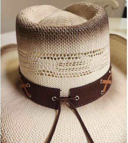 Western Straw Cowboy Hat with Beaded Band, Blue Stone Accent, Vented Crown, Natural in Saudi Arabia