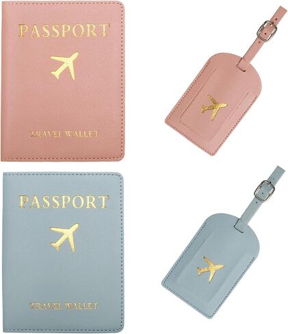 2 Sets Passport Covers Holder and Luggage Tags Set, Leather Travel Luggage Tags Gift for Bridal Shower, Wedding Engagement, Couple Honeymoon Travel(Pink&Blue) in Kuwait