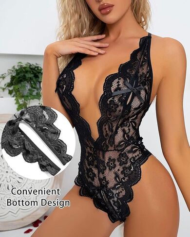 Women's Lace Trim Bodysuit Nightwear, Comfortable Babydoll Pajama Set with Adjustable Straps - Black (Medium) in Saudi Arabia