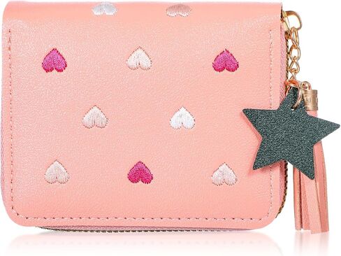 Larrel Women Wallet with Zipper, Pink Girls Wallet, Cute Wallets with Heart-Embroidery and Star Tassels Pendant, Small Leather Wallets for Coins, ID Card, Credit Cards and Bank Cards in Saudi Arabia