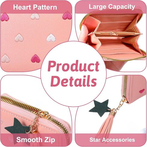Larrel Women Wallet with Zipper, Pink Girls Wallet, Cute Wallets with Heart-Embroidery and Star Tassels Pendant, Small Leather Wallets for Coins, ID Card, Credit Cards and Bank Cards in Saudi Arabia