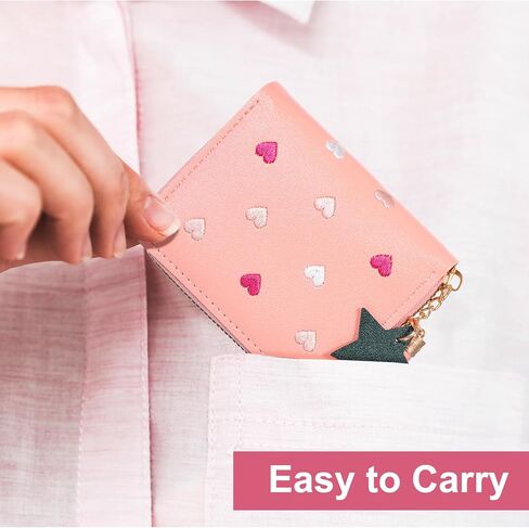 Larrel Women Wallet with Zipper, Pink Girls Wallet, Cute Wallets with Heart-Embroidery and Star Tassels Pendant, Small Leather Wallets for Coins, ID Card, Credit Cards and Bank Cards in Saudi Arabia