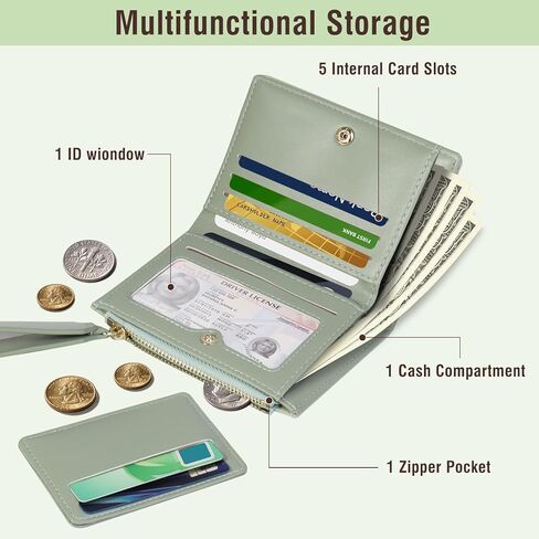 محفظة صغيرة للنساء، حامل بطاقات معصم مزدوج الطي RFID مع جيب بسحاب للنساء والفتيات (أخضر) in Kuwait