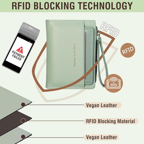 محفظة صغيرة للنساء، حامل بطاقات معصم مزدوج الطي RFID مع جيب بسحاب للنساء والفتيات (أخضر) in Kuwait