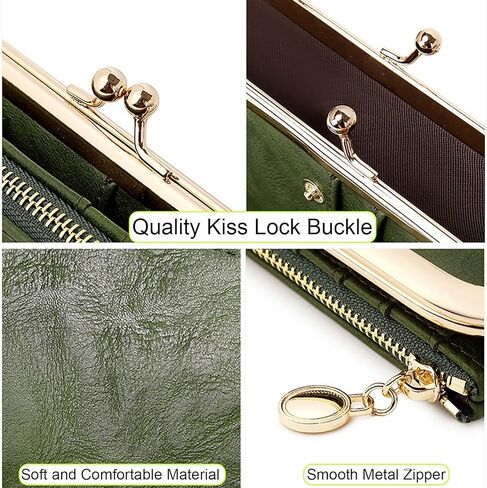 Vintage Bifold Genuine Leather Wallet for Women with Kiss Lock and Zip Coin Pocket (Green) in Saudi Arabia