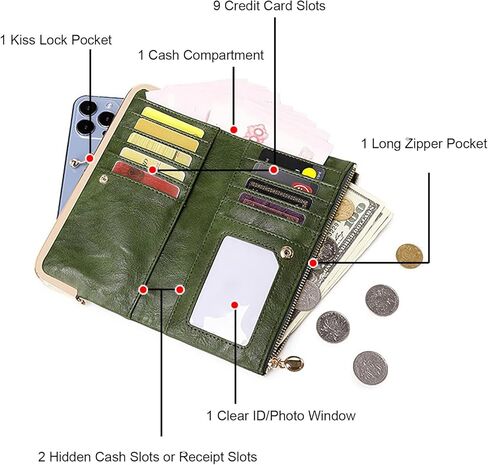 Vintage Bifold Genuine Leather Wallet for Women with Kiss Lock and Zip Coin Pocket (Green) in Saudi Arabia