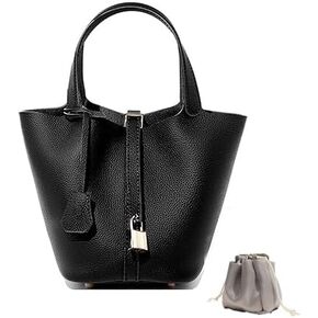 A leather round bucket bag suitable for both men and women, with fashionable buckle design, small handbag, casual in Saudi Arabia