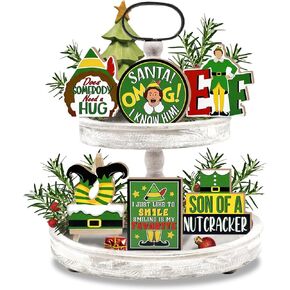 7 Pcs Christmas Green Elf Tiered Tray Decor, Funny Xmas Son of A Nutcracker Farmhouse Wood Decorations Set, Winter Holiday Rustic Wooden Decorative Signs for Home Table Shelf in Saudi Arabia