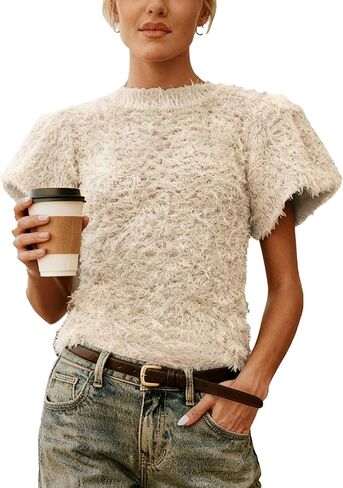 Women's Fuzzy Knit Puff Sleeve Sweater Crew Neck Short Sleeve Cropped Pullover Top Casual Vintage Inspired Outfits in Saudi Arabia