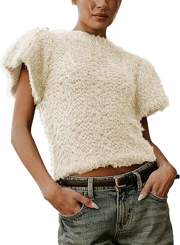 Women's Fuzzy Knit Puff Sleeve Sweater Crew Neck Short Sleeve Cropped Pullover Top Casual Vintage Inspired Outfits in Saudi Arabia