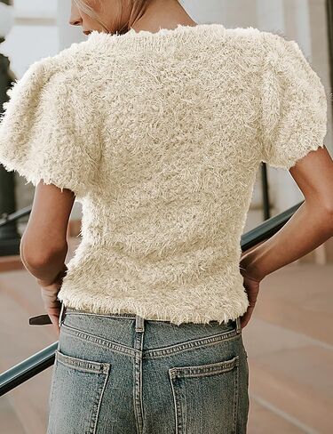 Women's Fuzzy Knit Puff Sleeve Sweater Crew Neck Short Sleeve Cropped Pullover Top Casual Vintage Inspired Outfits in Saudi Arabia