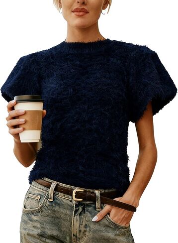 Women's Fuzzy Knit Puff Sleeve Sweater Crew Neck Short Sleeve Cropped Pullover Top Casual Vintage Inspired Outfits in Saudi Arabia