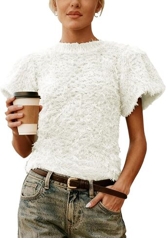 Women's Fuzzy Knit Puff Sleeve Sweater Crew Neck Short Sleeve Cropped Pullover Top Casual Vintage Inspired Outfits in Saudi Arabia