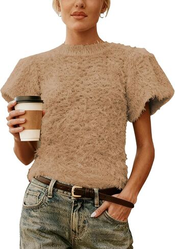 Women's Fuzzy Knit Puff Sleeve Sweater Crew Neck Short Sleeve Cropped Pullover Top Casual Vintage Inspired Outfits in Saudi Arabia