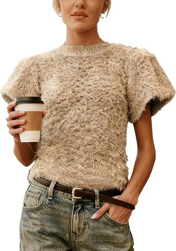 Women's Fuzzy Knit Puff Sleeve Sweater Crew Neck Short Sleeve Cropped Pullover Top Casual Vintage Inspired Outfits in Saudi Arabia