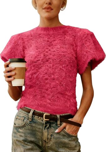Women's Fuzzy Knit Puff Sleeve Sweater Crew Neck Short Sleeve Cropped Pullover Top Casual Vintage Inspired Outfits in Saudi Arabia