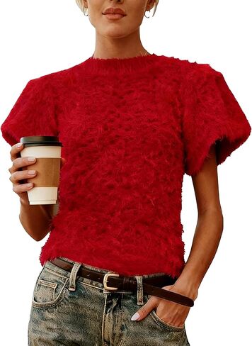 Women's Fuzzy Knit Puff Sleeve Sweater Crew Neck Short Sleeve Cropped Pullover Top Casual Vintage Inspired Outfits in Saudi Arabia