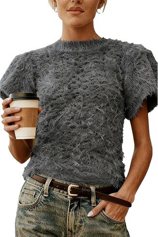 Women's Fuzzy Knit Puff Sleeve Sweater Crew Neck Short Sleeve Cropped Pullover Top Casual Vintage Inspired Outfits in Saudi Arabia
