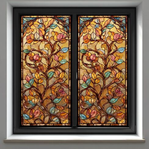 Decorative Privacy Window Film Warm Floral Vine Stained Glass Style Window Cling for Kitchen Bathroom Living Room in Saudi Arabia