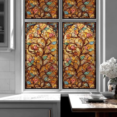 Decorative Privacy Window Film Warm Floral Vine Stained Glass Style Window Cling for Kitchen Bathroom Living Room in Saudi Arabia