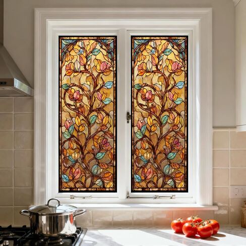 Decorative Privacy Window Film Warm Floral Vine Stained Glass Style Window Cling for Kitchen Bathroom Living Room in Saudi Arabia