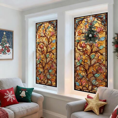 Decorative Privacy Window Film Warm Floral Vine Stained Glass Style Window Cling for Kitchen Bathroom Living Room in Saudi Arabia