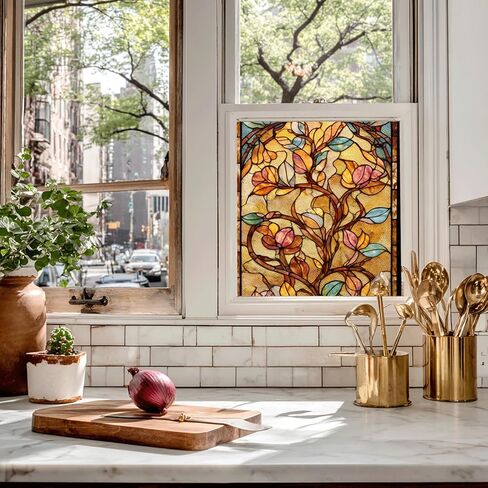 Decorative Privacy Window Film Warm Floral Vine Stained Glass Style Window Cling for Kitchen Bathroom Living Room in Saudi Arabia