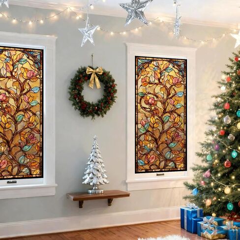 Decorative Privacy Window Film Warm Floral Vine Stained Glass Style Window Cling for Kitchen Bathroom Living Room in Saudi Arabia