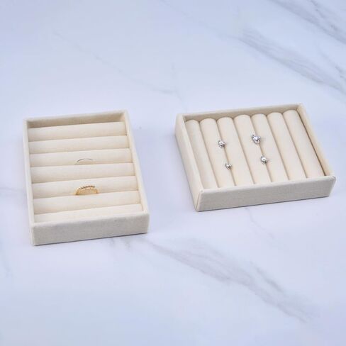 Ring Tray - 2PCS Small Jewelry Organizer, Velvet Rings & Earrings Display Tray with Storage Insert (Beige) in Saudi Arabia