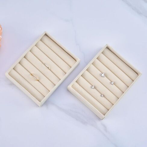 Ring Tray - 2PCS Small Jewelry Organizer, Velvet Rings & Earrings Display Tray with Storage Insert (Beige) in Saudi Arabia
