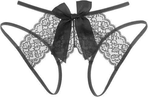 Women's Sexy Lace Thong, Bow Detail, Breathable Hipster Panties, Sheer Mesh for Intimate Occasions, Valentine's Gift Underwear Black in Saudi Arabia