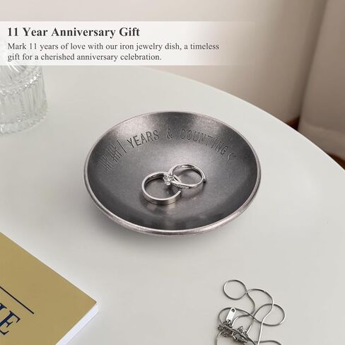 11 Year Anniversary Wedding Gifts for Him, 11th Anniversary Jewelry Tray for Her Wife Couple Husband, Steel Gifts Ring Holder Dish & Card & Gift Box, 4" in Saudi Arabia