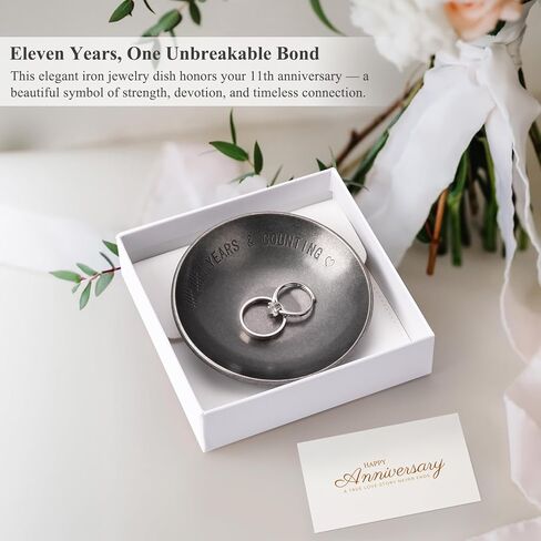 11 Year Anniversary Wedding Gifts for Him, 11th Anniversary Jewelry Tray for Her Wife Couple Husband, Steel Gifts Ring Holder Dish & Card & Gift Box, 4" in Saudi Arabia