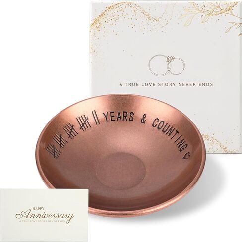 11 Year Anniversary Wedding Gifts for Him, 11th Anniversary Jewelry Tray for Her Wife Couple Husband, Steel Gifts Ring Holder Dish & Card & Gift Box, 4" in Kuwait
