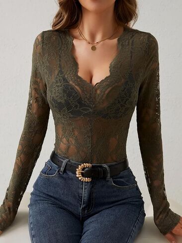Women's Sexy Floral Lace Long Sleeve Top Slim Fit V Neck Blouses Shirts Sheer Going Out Tops in Saudi Arabia