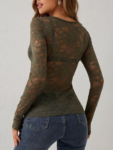 Women's Sexy Floral Lace Long Sleeve Top Slim Fit V Neck Blouses Shirts Sheer Going Out Tops in Saudi Arabia