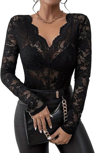 Women's Sexy Floral Lace Long Sleeve Top Slim Fit V Neck Blouses Shirts Sheer Going Out Tops in Saudi Arabia