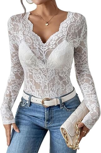 Women's Sexy Floral Lace Long Sleeve Top Slim Fit V Neck Blouses Shirts Sheer Going Out Tops in Saudi Arabia