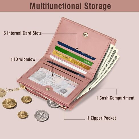 محفظة صغيرة لطيفة للنساء، محفظة نحيفة ملونة RFID تحجب Bifold سستة جيب حامل بطاقة الائتمان مع نافذة لبطاقة الهوية (وردي) in Kuwait