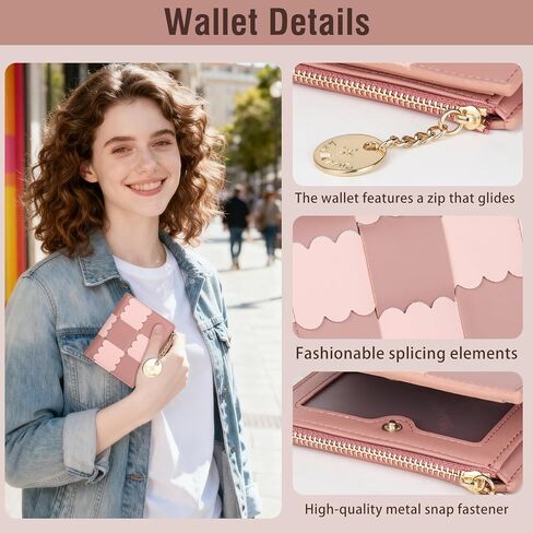 محفظة صغيرة لطيفة للنساء، محفظة نحيفة ملونة RFID تحجب Bifold سستة جيب حامل بطاقة الائتمان مع نافذة لبطاقة الهوية (وردي) in Kuwait