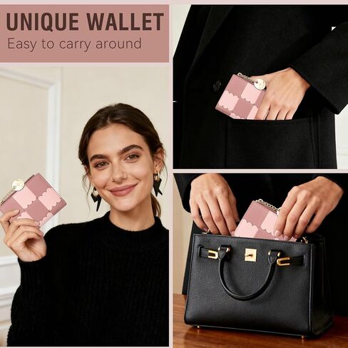 محفظة صغيرة لطيفة للنساء، محفظة نحيفة ملونة RFID تحجب Bifold سستة جيب حامل بطاقة الائتمان مع نافذة لبطاقة الهوية (وردي) in Kuwait