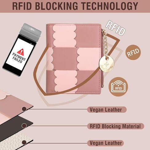 محفظة صغيرة لطيفة للنساء، محفظة نحيفة ملونة RFID تحجب Bifold سستة جيب حامل بطاقة الائتمان مع نافذة لبطاقة الهوية (وردي) in Kuwait