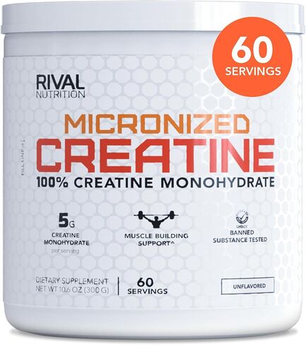 RIVAL NUTRITION Micronized Creatine - مسحوق كرياتين مونوهيدرات 100% - 60 حصة، 5 جرام لكل حصة لدعم نمو العضلات والصحة الإدراكية والذاكرة | 300 جرام كرياتين بدون نكهة للرجال والنساء in Saudi Arabia