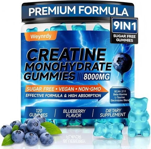 Creatine Monohydrate Gummies Complex 8000mg for Men & Women, Sugar Free Creatine Gummy with L-Taurine, BCAA 2:1, B12＆6, for Muscle Growth, Energy Boost & Recovery, Vegan, Gluten-Free, 120 Count in Kuwait