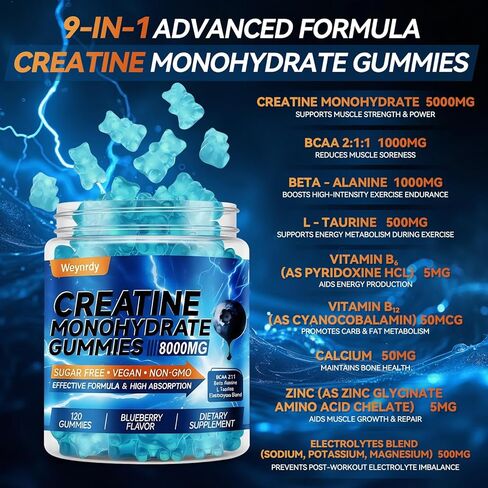 Creatine Monohydrate Gummies Complex 8000mg for Men & Women, Sugar Free Creatine Gummy with L-Taurine, BCAA 2:1, B12＆6, for Muscle Growth, Energy Boost & Recovery, Vegan, Gluten-Free, 120 Count in Kuwait