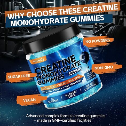 Creatine Monohydrate Gummies Complex 8000mg for Men & Women, Sugar Free Creatine Gummy with L-Taurine, BCAA 2:1, B12＆6, for Muscle Growth, Energy Boost & Recovery, Vegan, Gluten-Free, 120 Count in Kuwait