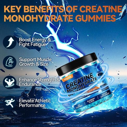 Creatine Monohydrate Gummies Complex 8000mg for Men & Women, Sugar Free Creatine Gummy with L-Taurine, BCAA 2:1, B12＆6, for Muscle Growth, Energy Boost & Recovery, Vegan, Gluten-Free, 120 Count in Kuwait