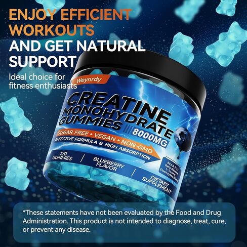 Creatine Monohydrate Gummies Complex 8000mg for Men & Women, Sugar Free Creatine Gummy with L-Taurine, BCAA 2:1, B12＆6, for Muscle Growth, Energy Boost & Recovery, Vegan, Gluten-Free, 120 Count in Kuwait